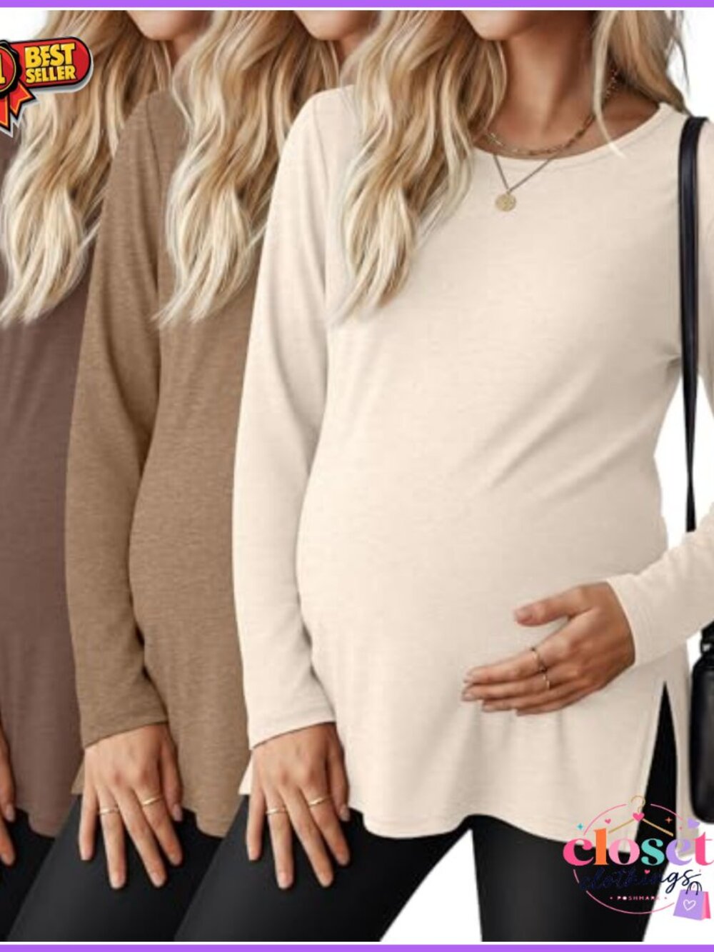 3 Pack Maternity Long Sleeve Tops Side Split Pregnancy Shirts